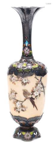 A small Japanese shibayama ivory and enamelled silver vase: the ivory body inlaid with a bird and