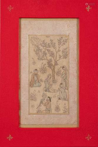 A Mughal |School picture: five figures below a blossoming tree, one with a bird perched on his arm,