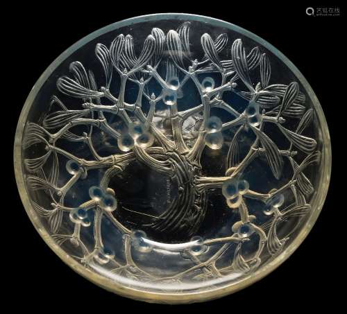 A Rene Lalique opalescent glass bowl 'Gui': the exterior moulded with mistletoe,