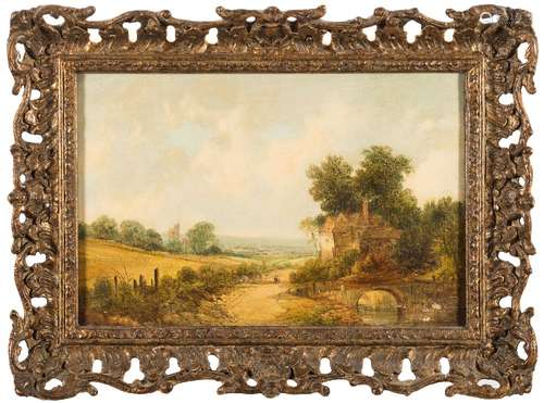 Attributed to Alfred Vickers [19th Century]- Extensive rural landscape, figures on a path,