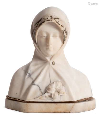 After A. Cyprien a carved alabaster bust of a maiden: wearing a hooded cloak with flower, signed A.