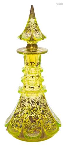 A Bohemian uranium glass decanter and stopper: of octagonal form with triple ringed neck and