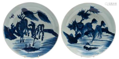 Two Chinese porcelain shallow dishes: each painted in blue, one with a pair of horses and a bat ,