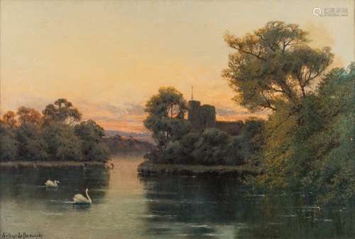 Arthur De Breanski [19/20th Century]- River landscape,:- swans in the foreground, a castle beyond,