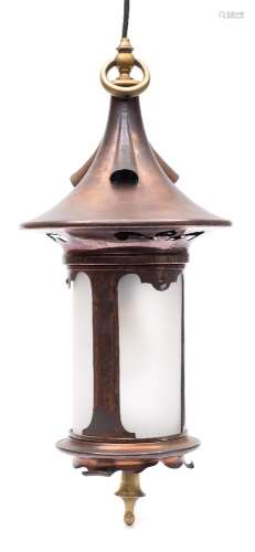 An Arts and Crafts copper and brass lantern: of cylindrical lantern,