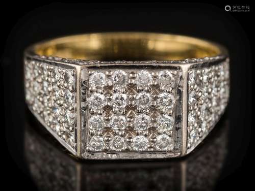 An 18ct gold and diamond square cluster ring: with square cluster 9mm wide and tapering shoulders