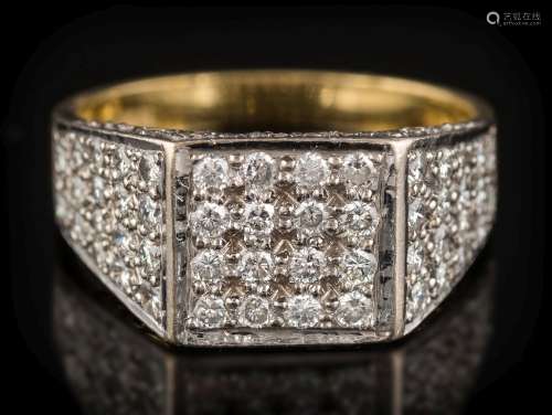 An 18ct gold and diamond square cluster ring: with square cluster 9mm wide and tapering shoulders