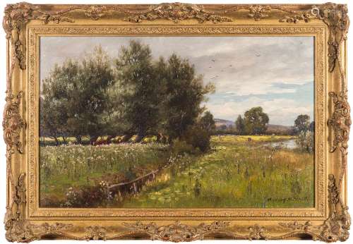 Sydney M Broad [1853-1942]- Riverside meadow,:- signed bottom right oil on canvas 35 x 55cm.