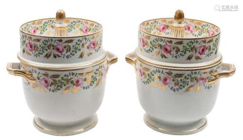 A pair of Derby ice pails and covers: of traditional form with bud finials,