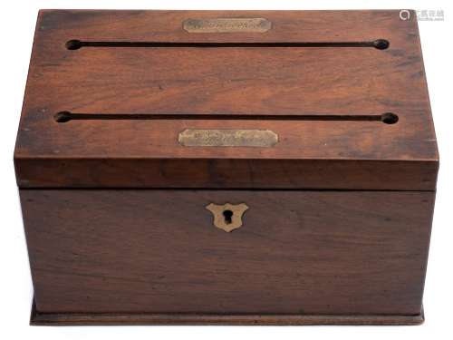 A 19th century mahogany and brass inlaid stationery box: the hinged lid with two slits for