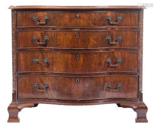A mahogany serpentine-fronted chest in the Chippendale taste:, the moulded top with cut corners,