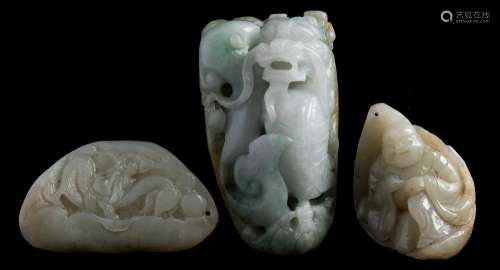 A group of three Chinese carved jade pendants: the largest in the form of a dragon and serpent, 7.