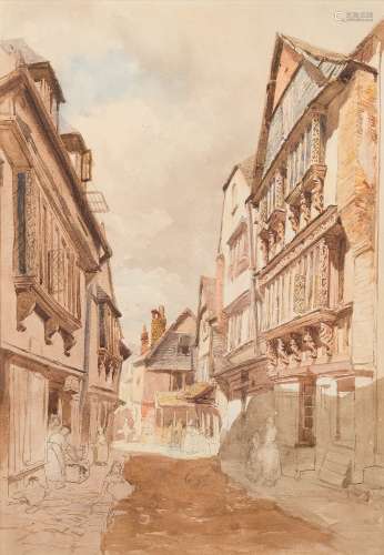 Attributed to William Collingwood [1819-1903]- Dartmouth, Devon, a street scene,