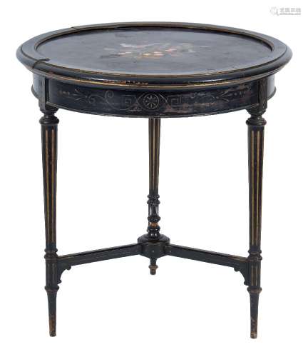 A Victorian ebonised, gilt decorated and inlaid marble circular centre table:,