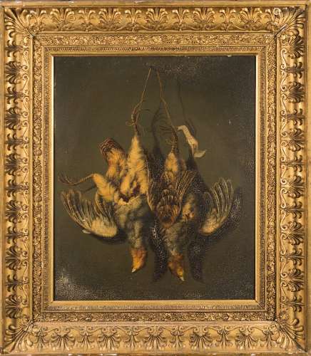 Attributed to Theodor Lundh [1812-1896]- Hanging game,:- oil on canvas 56 x 46cm.