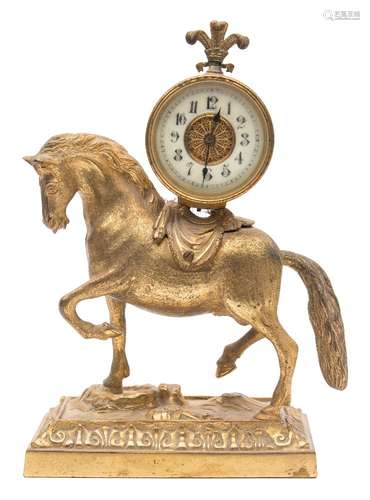 A French gilded brass mantel clock depicting a horse: the eight-day duration timepiece movement