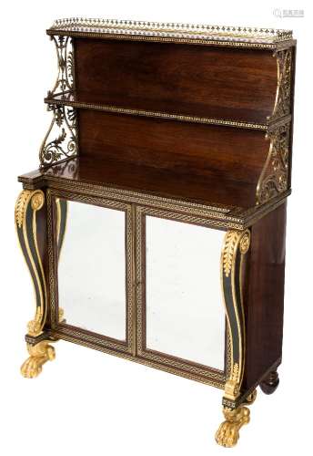 A Regency rosewood carved giltwood and brass mounted chiffonier in the manner of George Oakley:,
