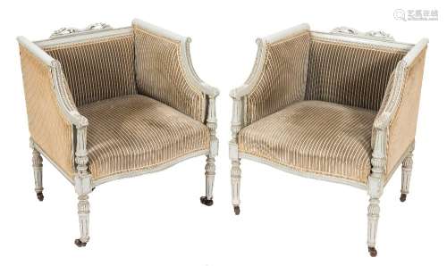 A pair of French grey painted tub-shaped chairs:,