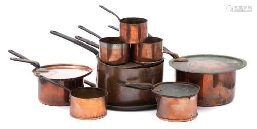 A set of eight 19th century copper graduated saucepans: together with five assorted lids (not all