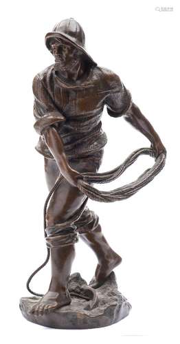 After Antoine Bofill (Spanish 1875-1925) a bronze sculpture of a fisherman casting a drag anchor: