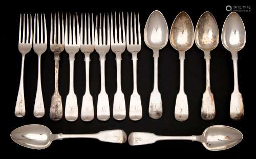 A matched set of six Fiddle pattern dessert forks,