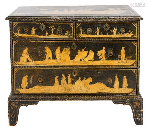 An early 19th Century ebonised, gilt and penwork decorated rectangular chest:,