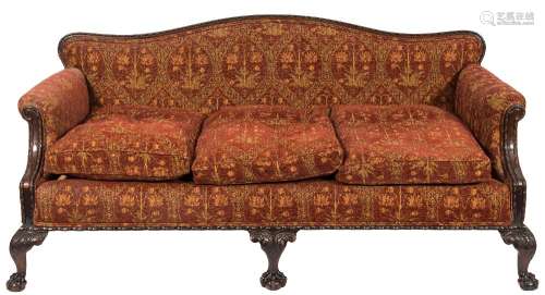 A carved mahogany settee in the Georgian taste:, upholstered to match the pair of open armchairs,