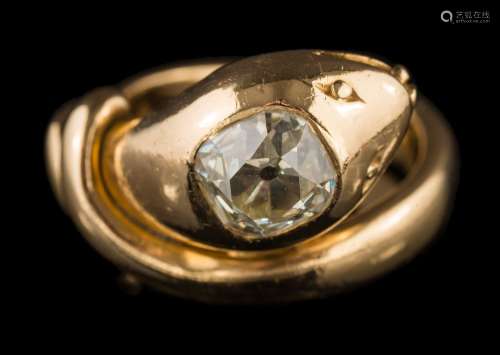A diamond mounted 'snake' ring: the cushion-shaped old brilliant-cut diamond approximately 6.