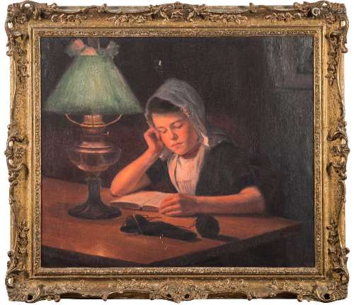 Carl Watzelhan [1867-1942]- Night-Time Reading; a young girl,