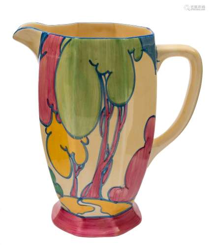 A Clarice Cliff Athens jug decorated in the Autumn (Balloon Trees) pattern: in green pink,