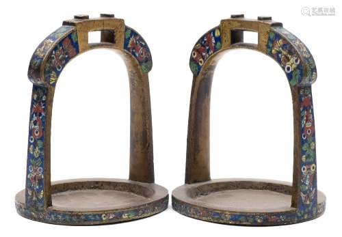 A pair of Chinese bronze and champlevé enamel stirrups: decorated with fish,
