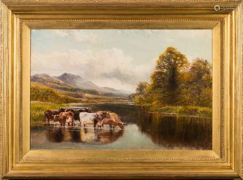 William Vivian Tippett [1833-1910]- Cattle watering in an upland landscape,:- signed oil on canvas,