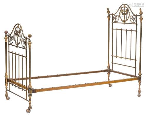 A French brass and gilt brass single bed:,
