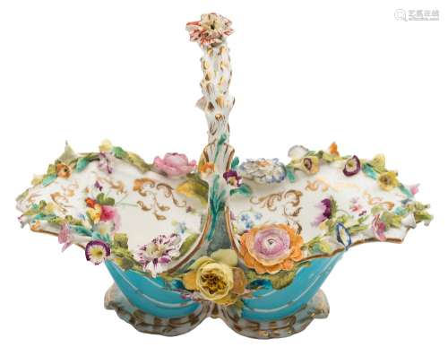 A Coalport porcelain flower basket: of typical rococo form with turquoise and gilt exterior,