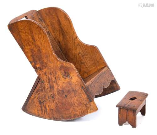 A child's early 19th Century oak and elm wing back rocking chair:,