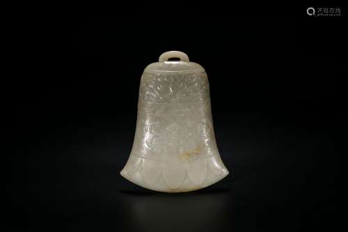 Chinese carved white jade ink stone in the shape of a bronze bell.