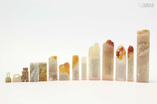 A large collection of 14 Furong soapstone seals with microscopic carvings.
