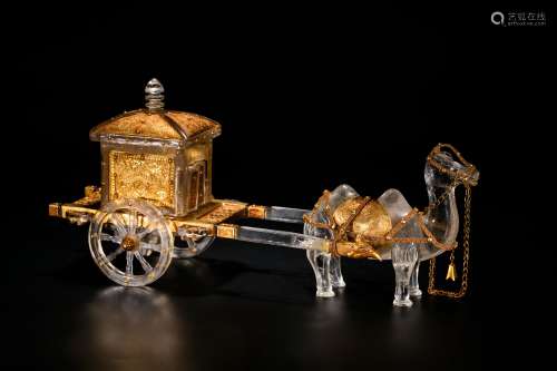 Chinese rock crystal and gold miniature carriage.