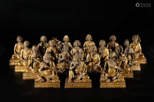 A set of eighteen Chinese gilt bronze luohan statues.