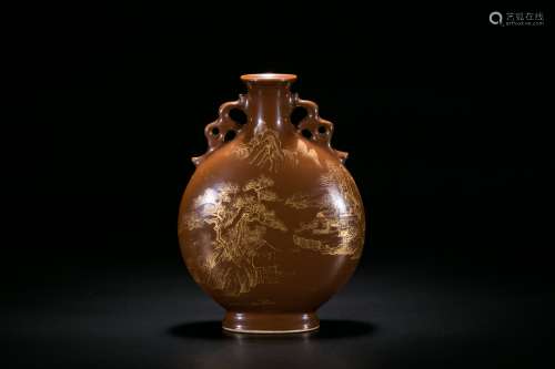 Chinese gilt brown glazed moon flask porcelain vase. Qianlong mark.
