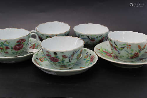 Chinese famille rose on celadon glaze porcelain cups and saucers.