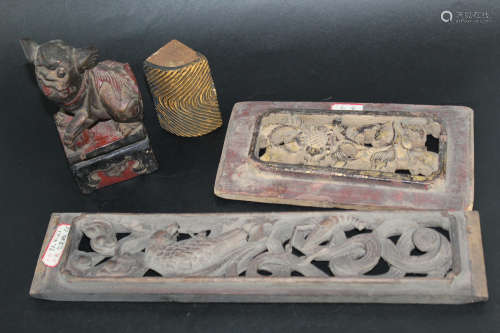 A group of 4 Chinese carved wood decorative items.