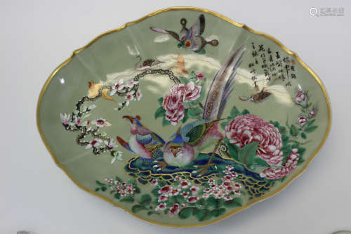 Chinese famille rose celadon porcelain charger. 19th Century