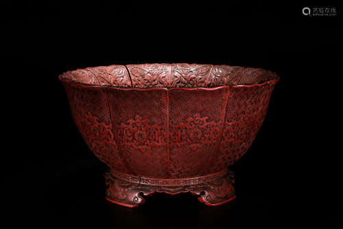 Chinese carved cinnabar punch bowl, marked.