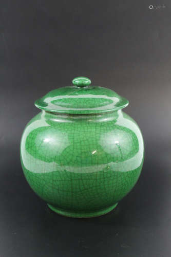 Chinese apple green crackle glaze lidded jar.