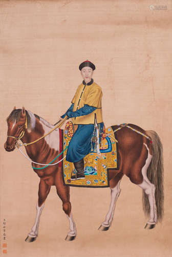 Chinese water color painting on silk of a court officer riding a horse.