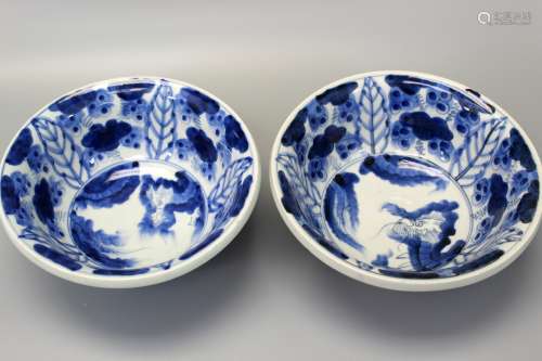 Pair Japanese blue and white porcelain bowls.