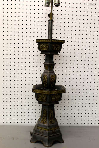 Big Chinese pewter candle holder made into a lamp.