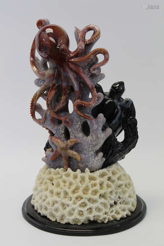 Australian Jade and Chalcedony Octopus Turtle Figure on Coral Stand.