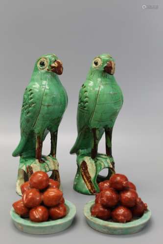 Two Chinese green glaze birds and pair of porcelain